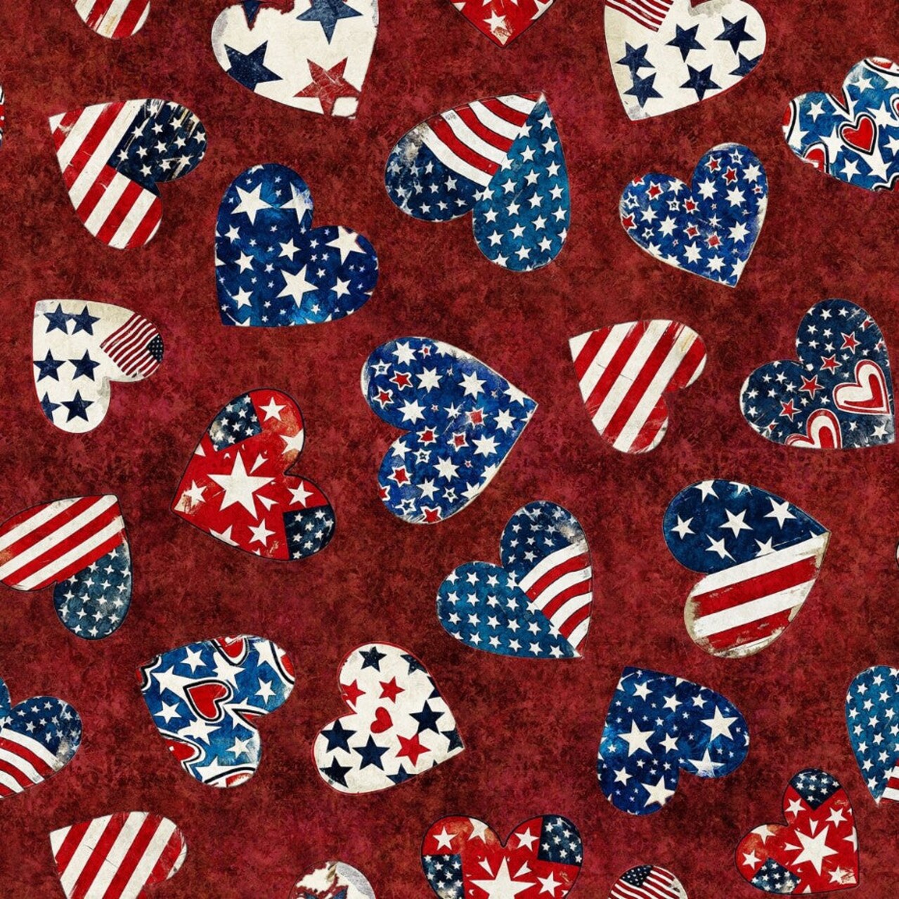 Patriotic Flag Hearts on Red Digital Print 100% Cotton Price per Yard